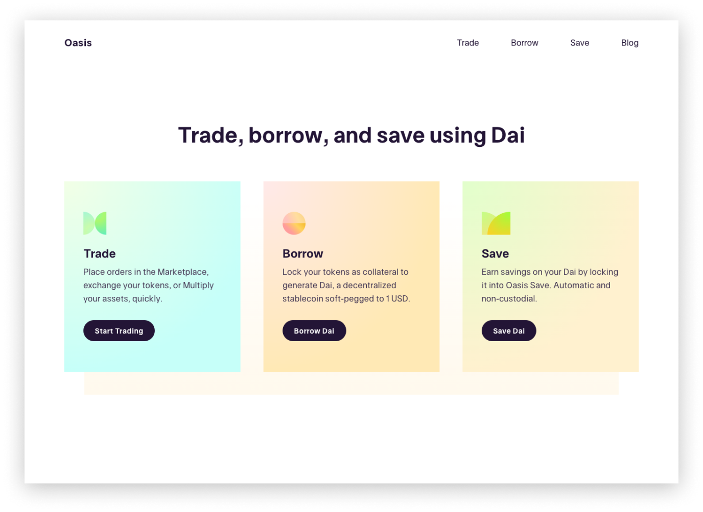 Maker webpage "Trage, borrow, and save using DAI".