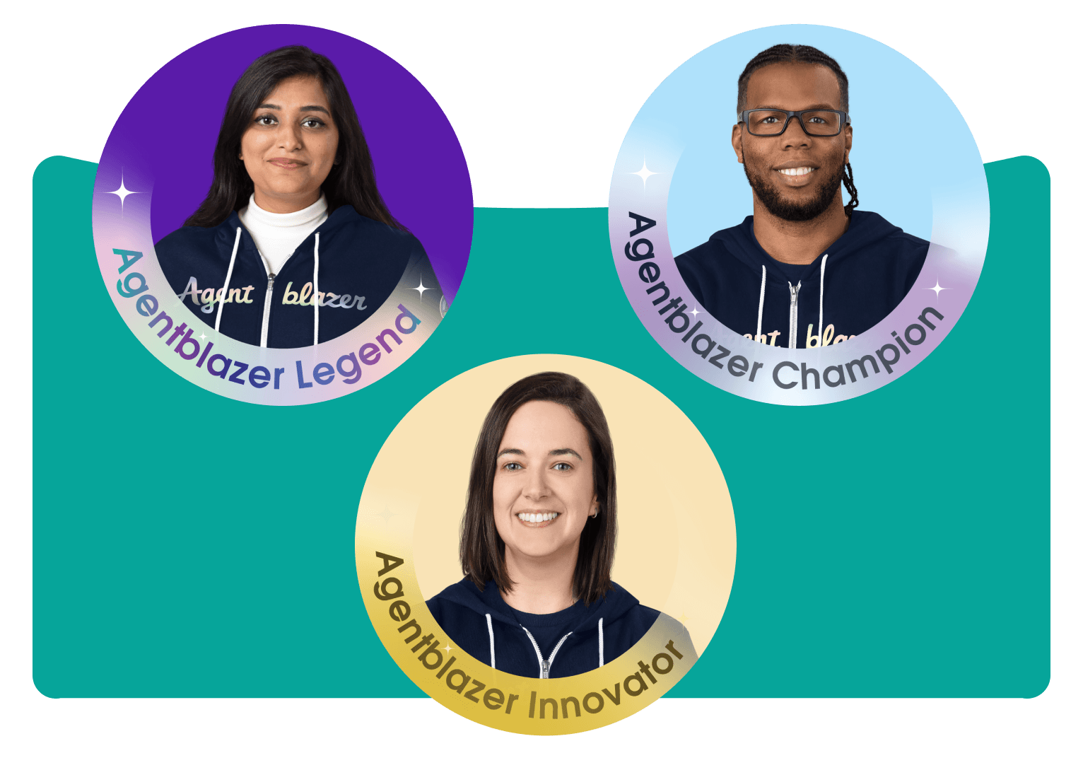 Three individual portraits of Trailblazer in hoodies representing Agentblazer badge levels: Innovator, Champion and Legend