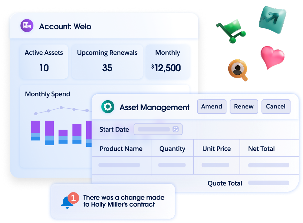 A layered product UI screenshot showing a Customer 360 account dashboard with metrics and a real-time notification alerting a change to a contract.