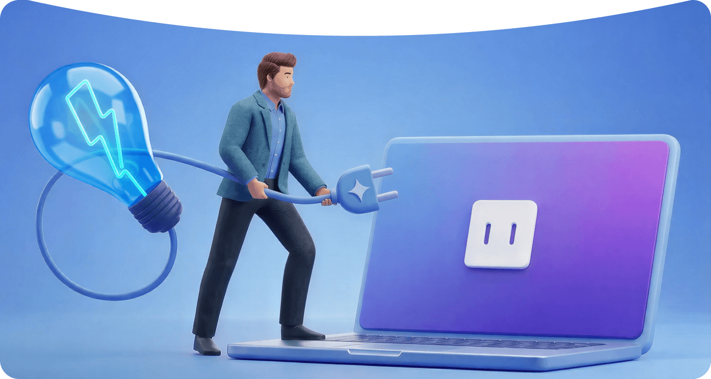 A man plugging a large light bulb into a socket depicted on a laptop screen