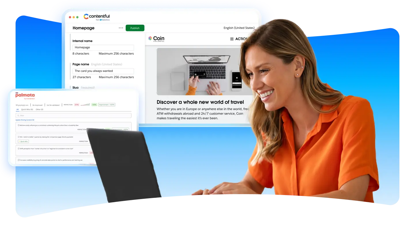Woman views her laptop and stylized versions of Palmata and Contentful float nearby. 