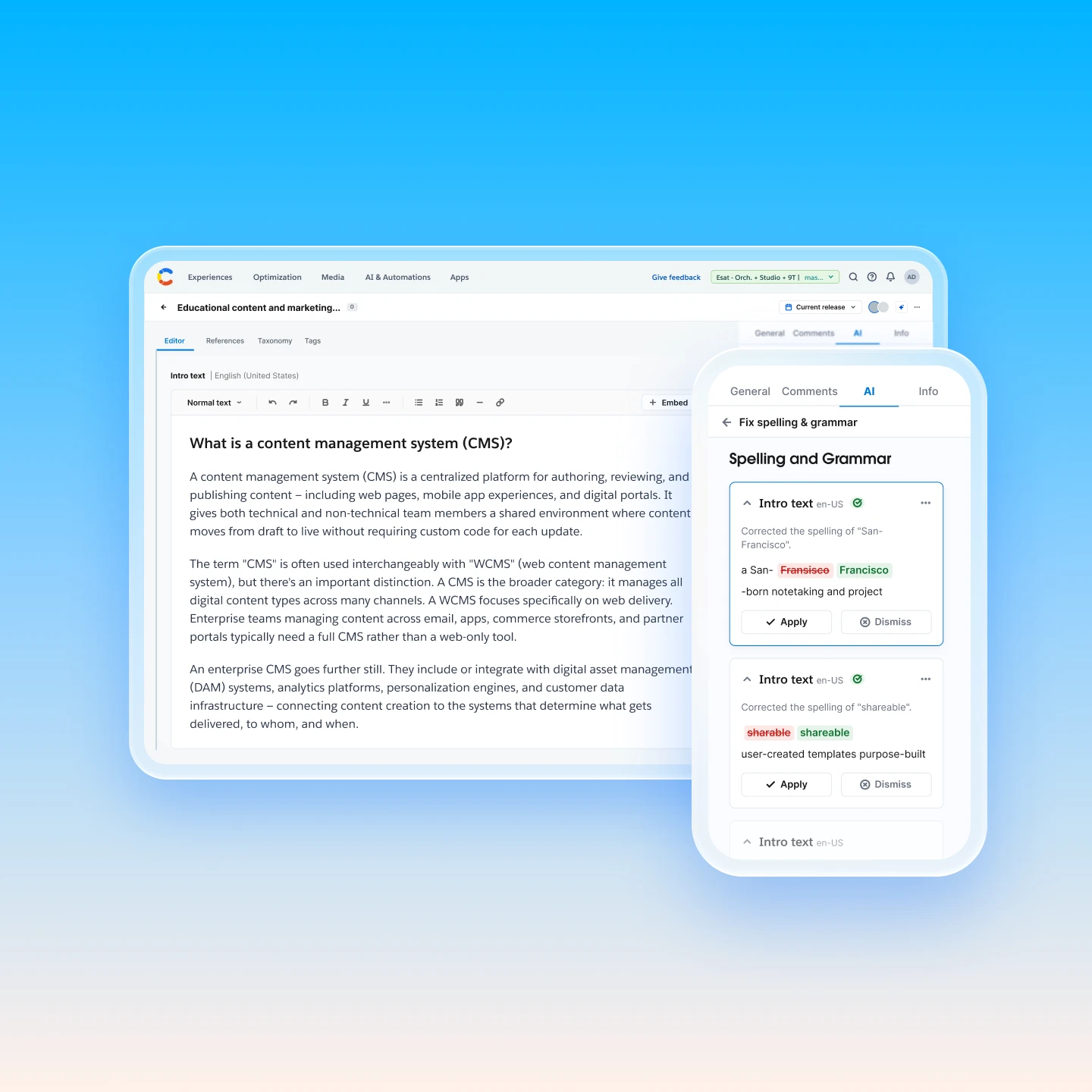 Visualização estilizada mostrando as ferramentas de IA do Contentful