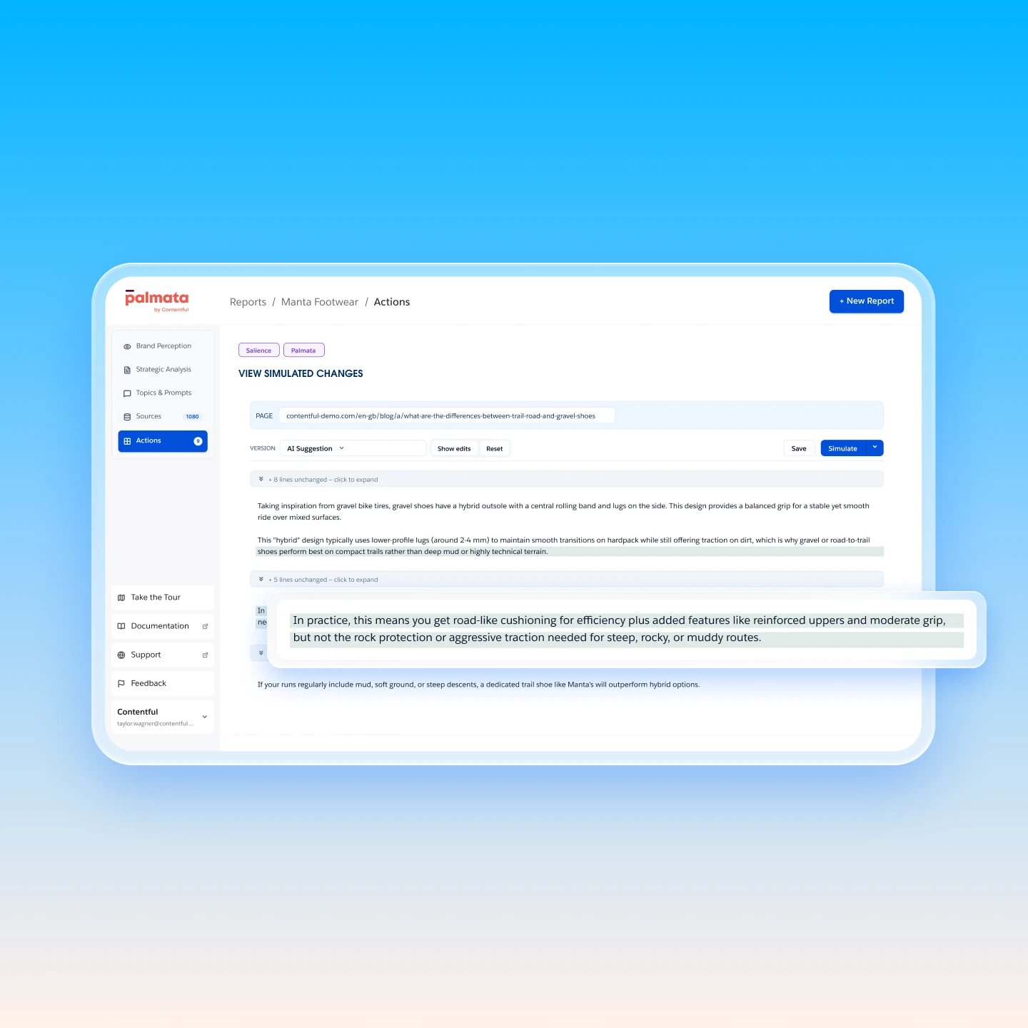 Uma visão do conteúdo sugerido pelo Palmata para que profissionais de marketing criem e aumentem sua visibilidade para a IA