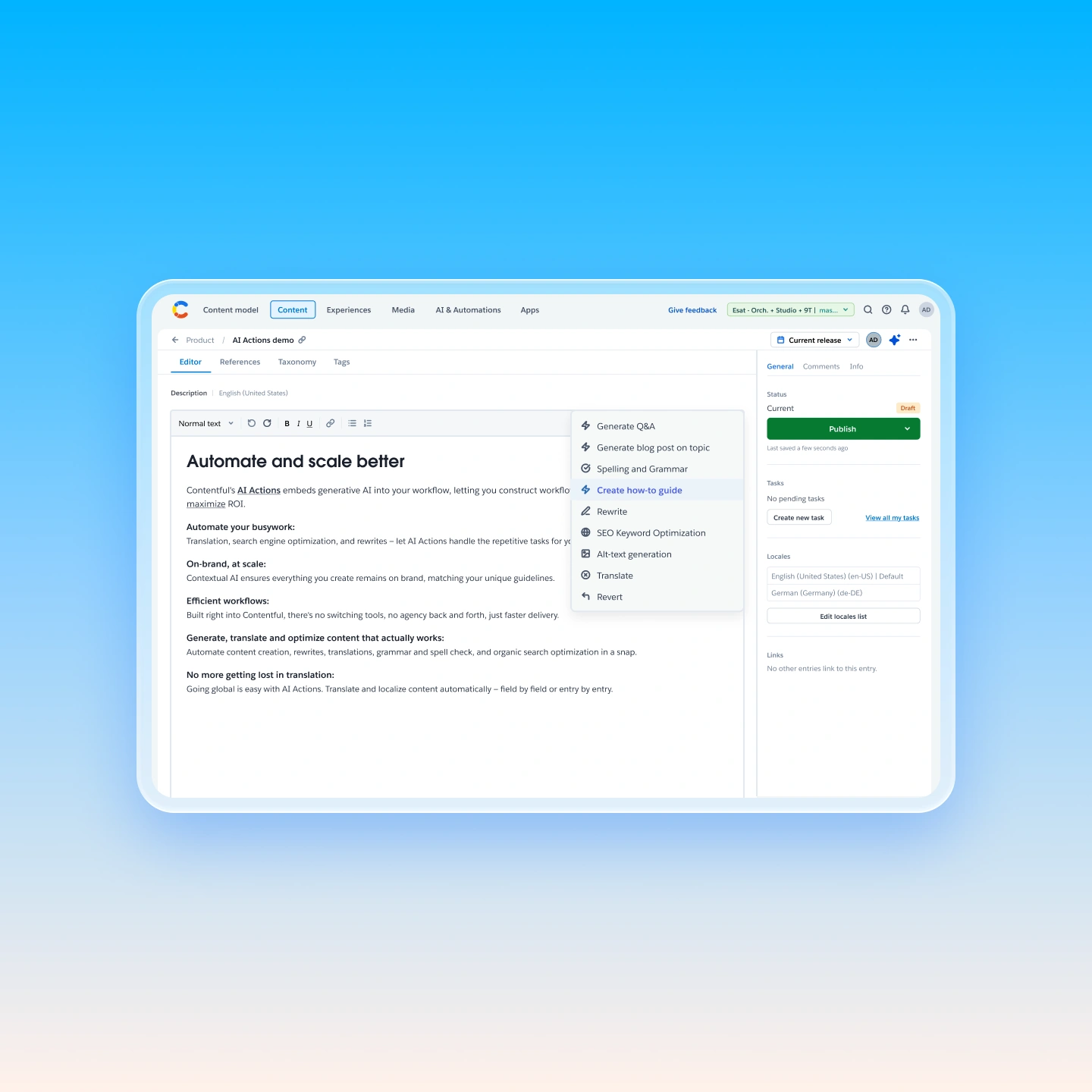 View of Contentful's editing tool that shows generative AI features, spelling and grammar help, translation, and more
