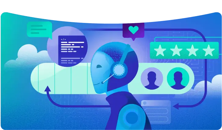 A futuristic call center worker inside an abstracted workflow diagram