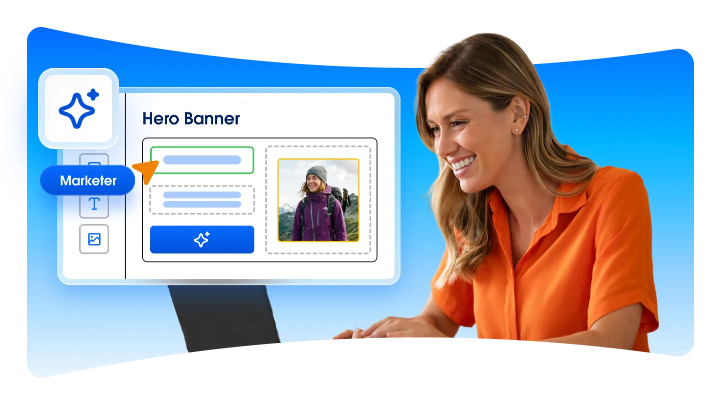 Woman in orange blouse working on laptop with content management system hero banner interface displayed on screen against blue background.