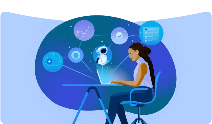 An illustration of a woman working at a laptop with icons suggesting agentic AI surrounding her