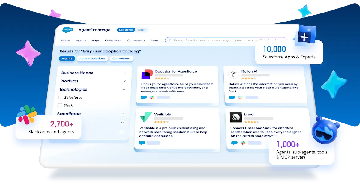 AgentExchange search results for 'Easy user adoption tracking' with agent listing cards.