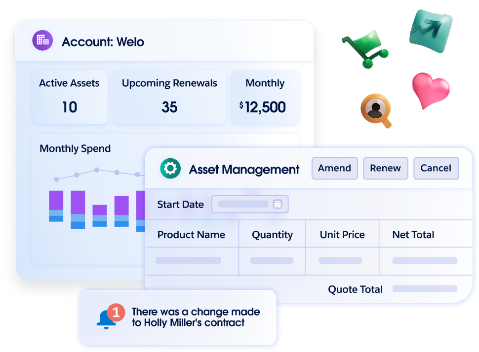Dashboard user interface showing account overview metrics for Welo, an Asset Management pop-up window, a contract change notification, and 3D floating icons.