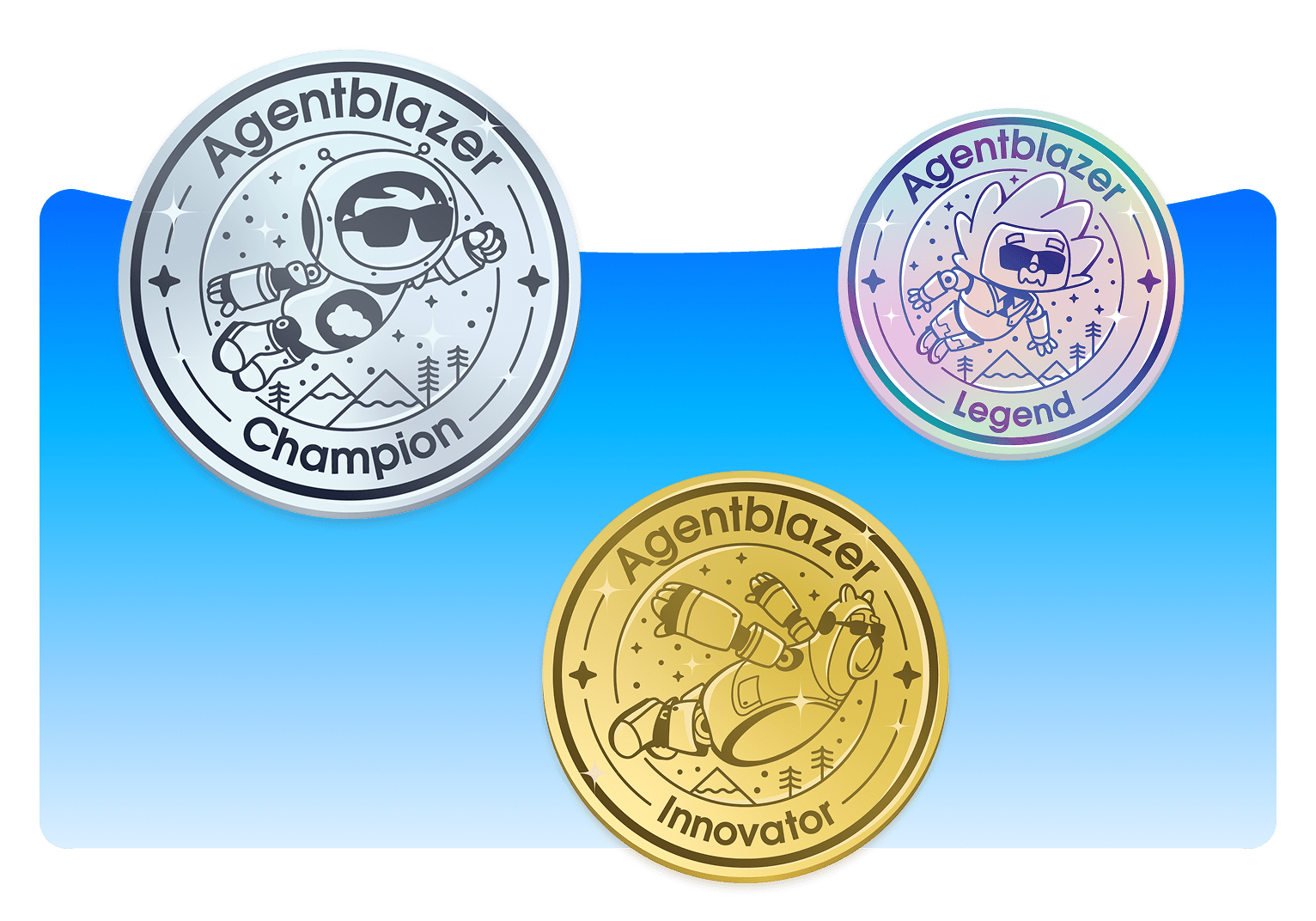 Three Agentblazer badge levels: Innovator, Champion and Legend
