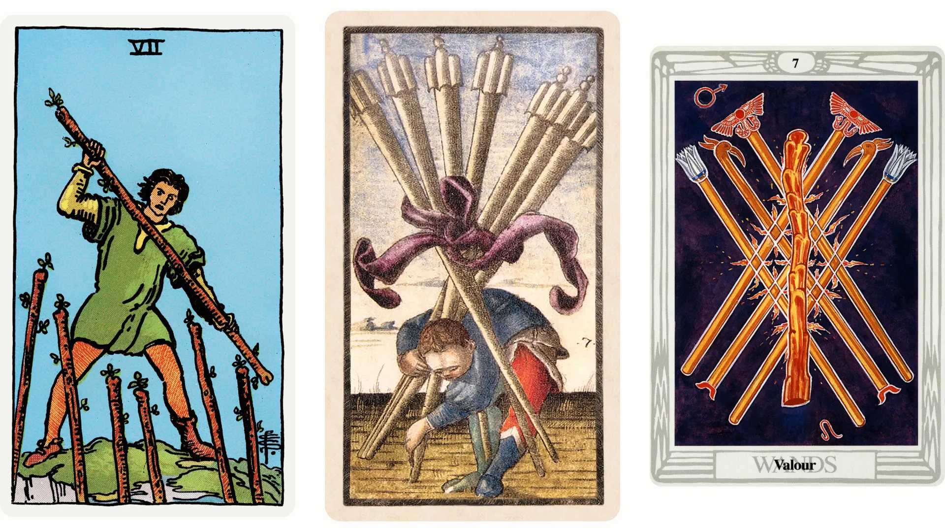 Seven of Wands Tarot Card Variants: Rider Waite Smith, Sola Busca, and Thoth