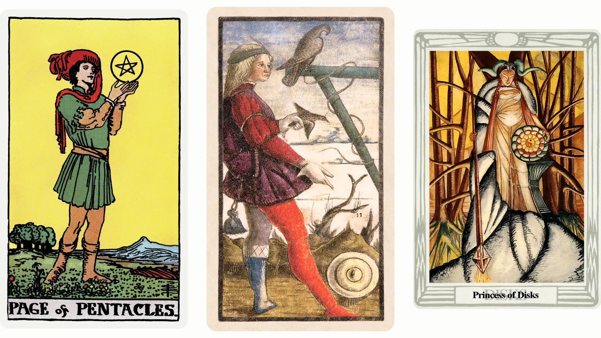 Page of Pentacles Tarot Card Variants: Rider Waite Smith, Sola Busca, and Thoth