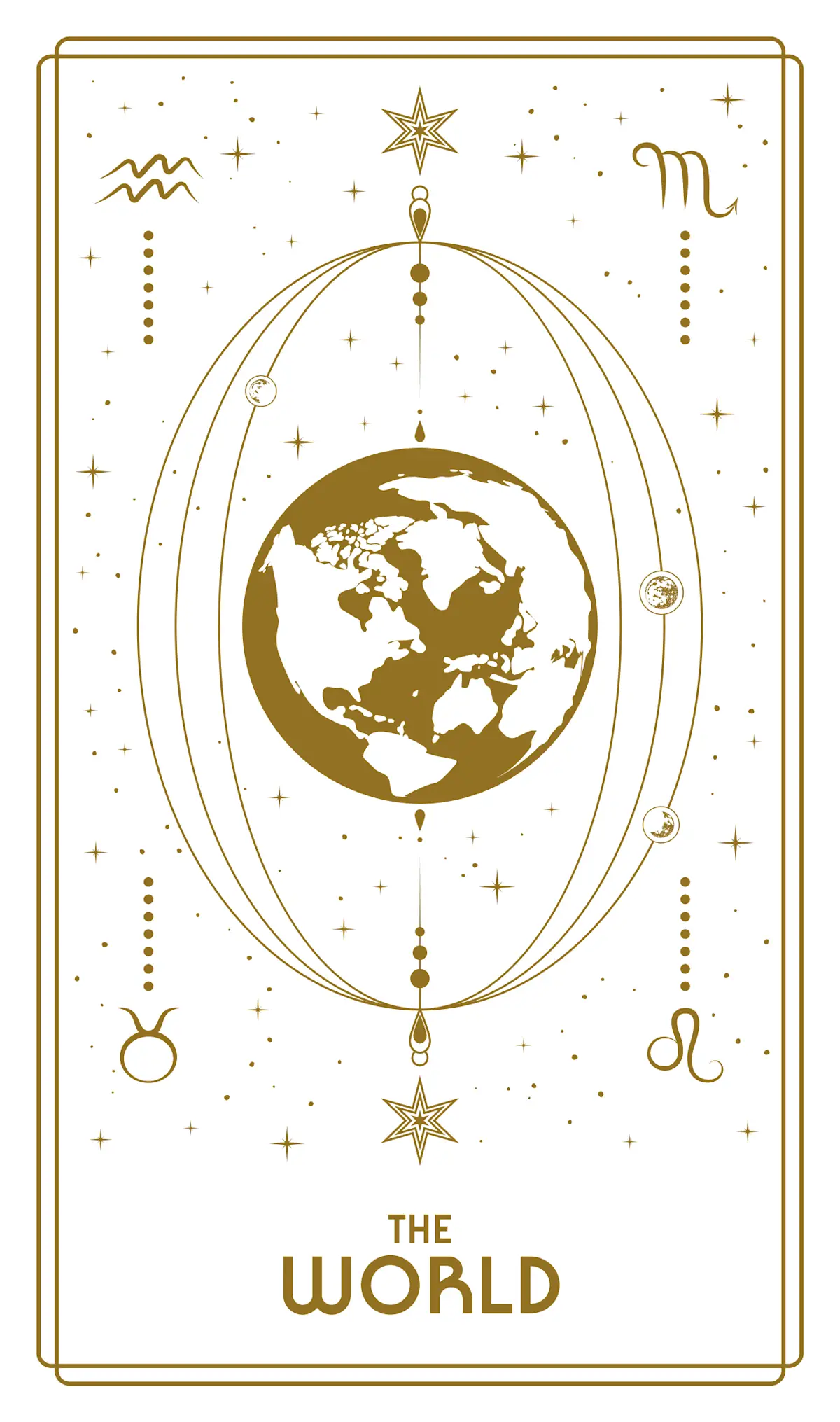 The World Tarot card with a dancing figure surrounded by a laurel wreath and four symbolic figures in the corners