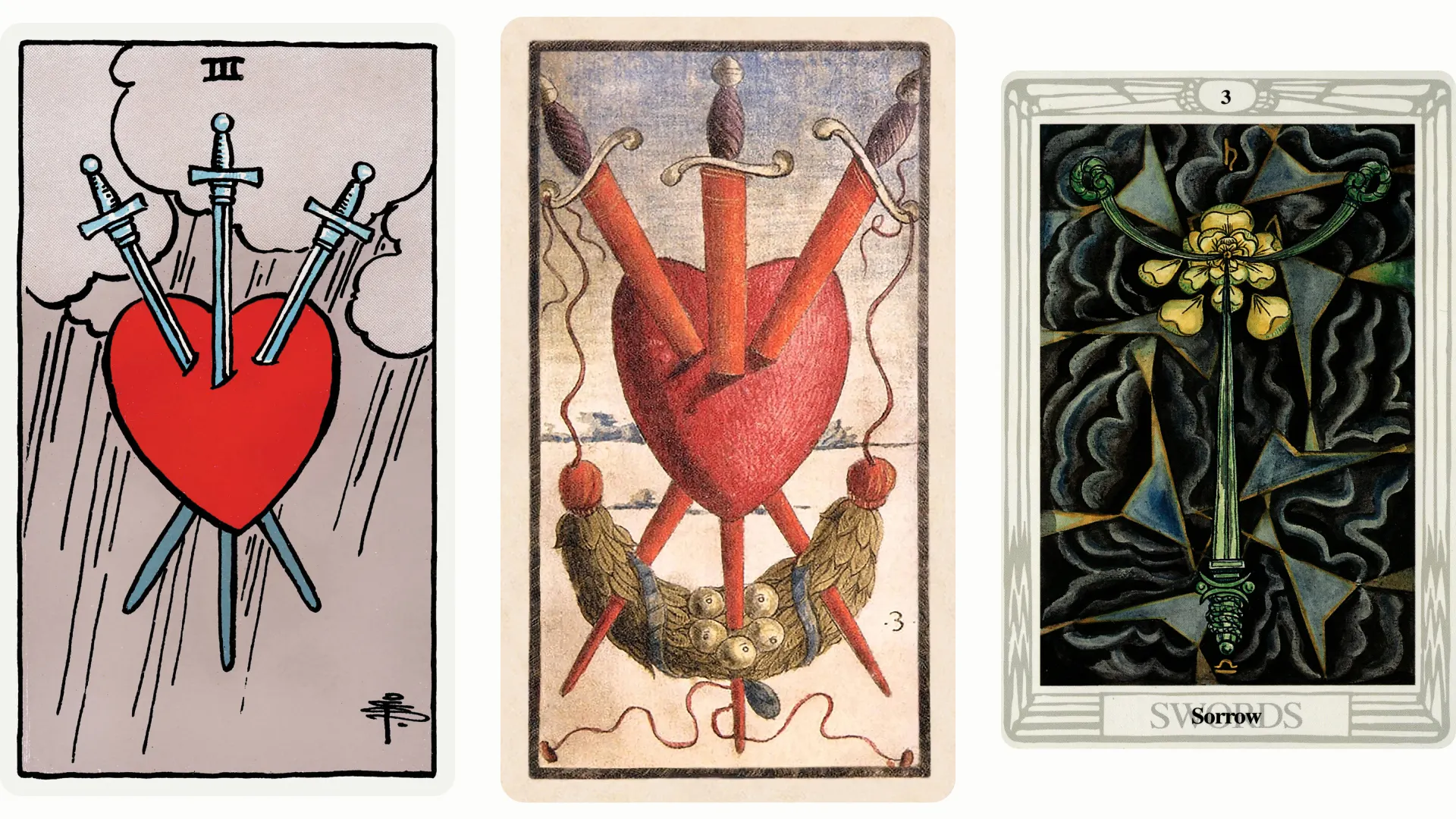 Three of Swords Tarot Card Variants: Rider Waite Smith, Sola Busca, and Thoth