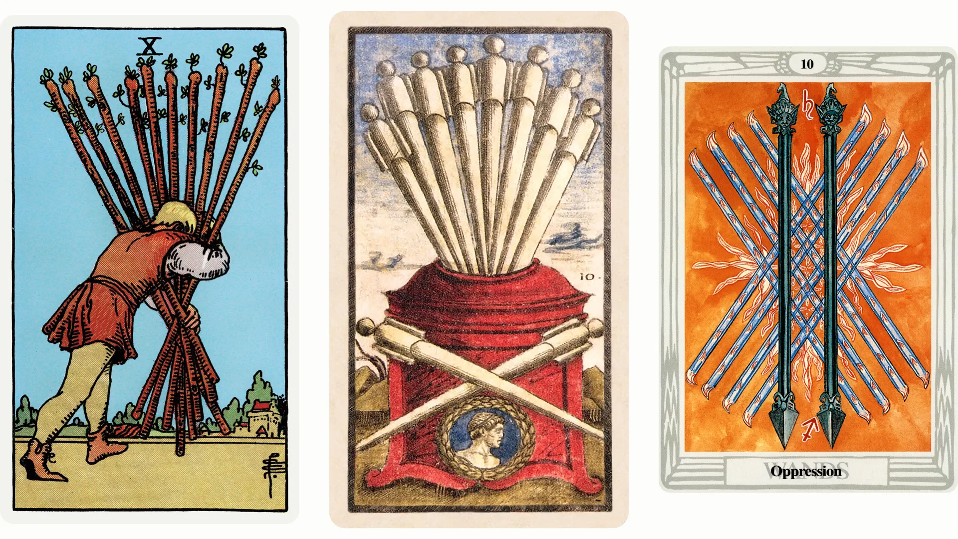 Ten of Wands Tarot Card Variants: Rider Waite Smith, Sola Busca, and Thoth