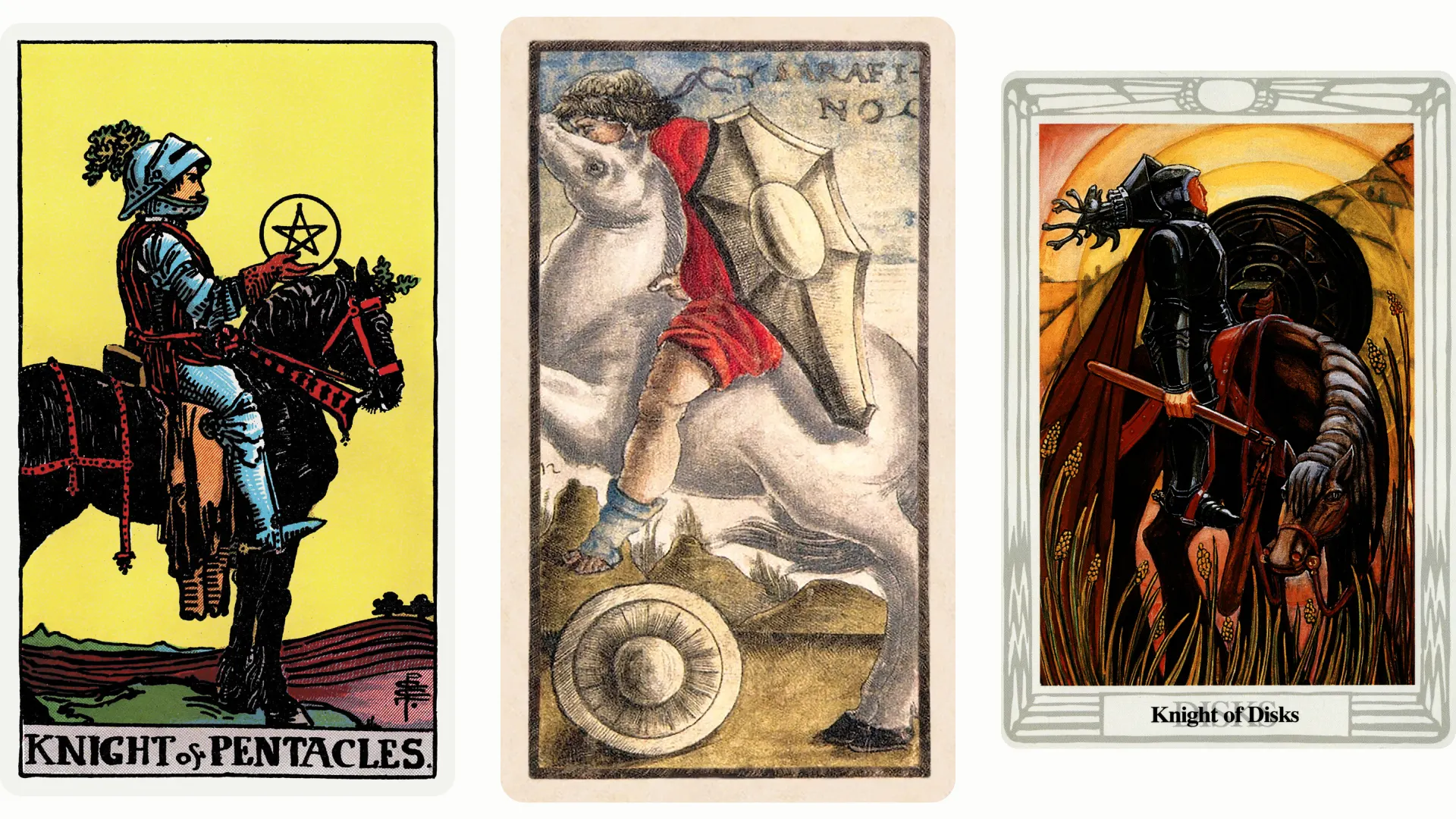 Knight of Pentacles Tarot Card Variants: Rider Waite Smith, Sola Busca, and Thoth