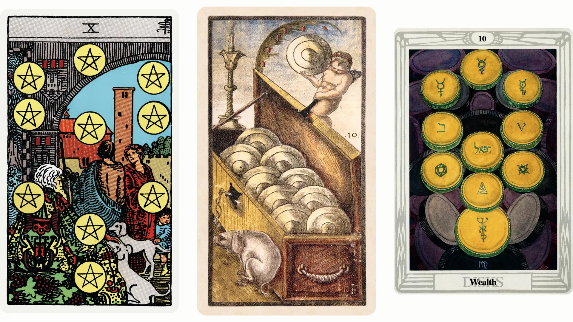 Ten of Pentacles Tarot Card Variants: Rider Waite Smith, Sola Busca, and Thoth