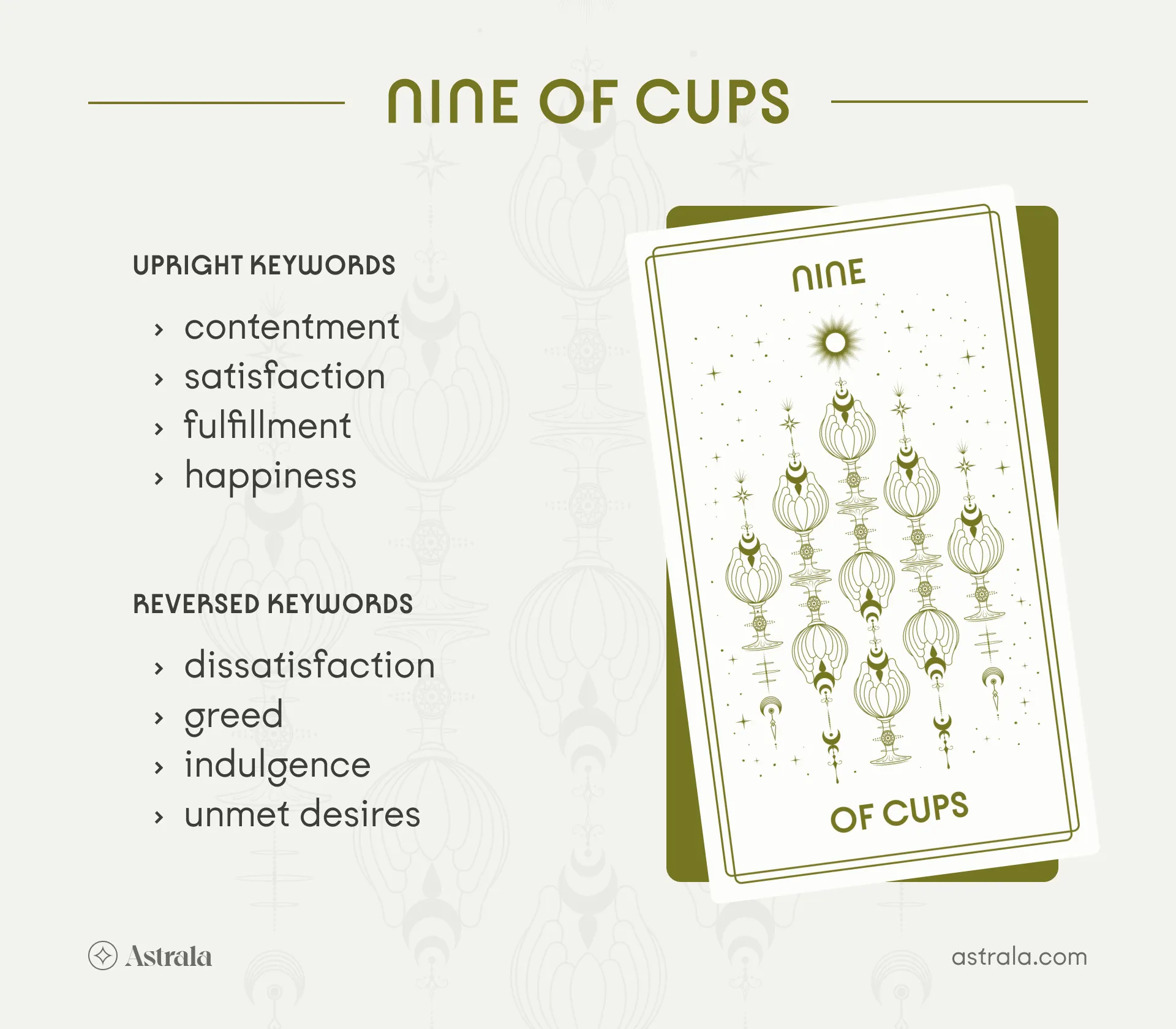 Nine of Cups Tarot Card Upright and Reversed Keywords