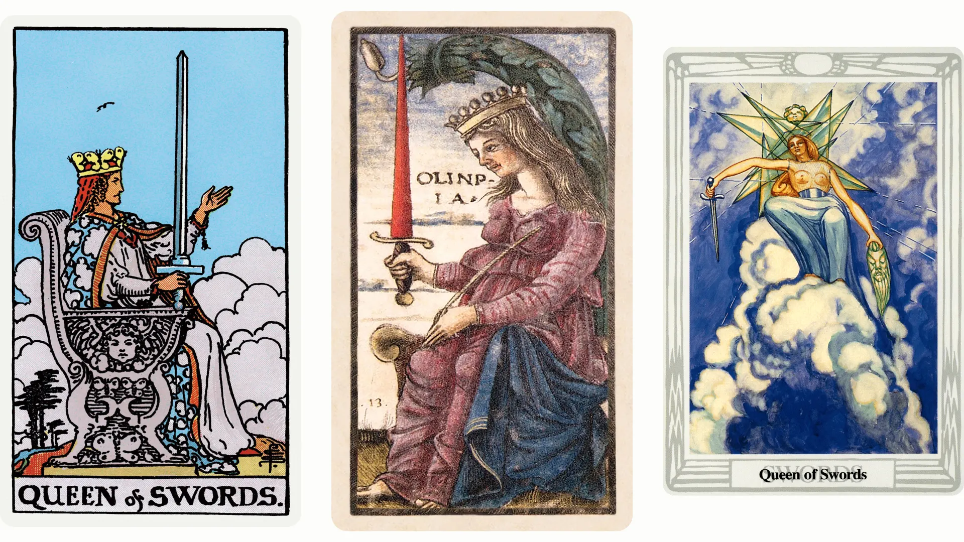 Queen of Swords Tarot Card Variants: Rider Waite Smith, Sola Busca, and Thoth