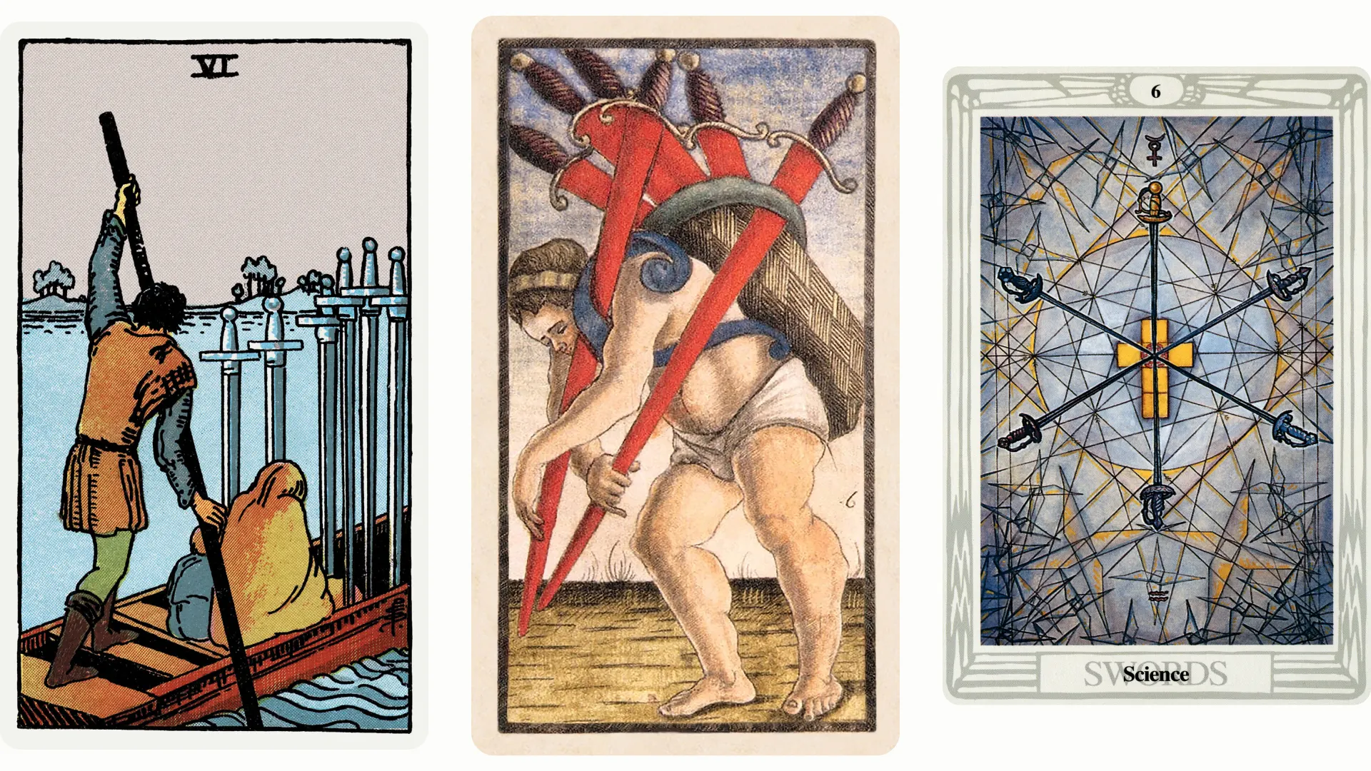 Six of Swords Tarot Card Variants: Rider Waite Smith, Sola Busca, and Thoth