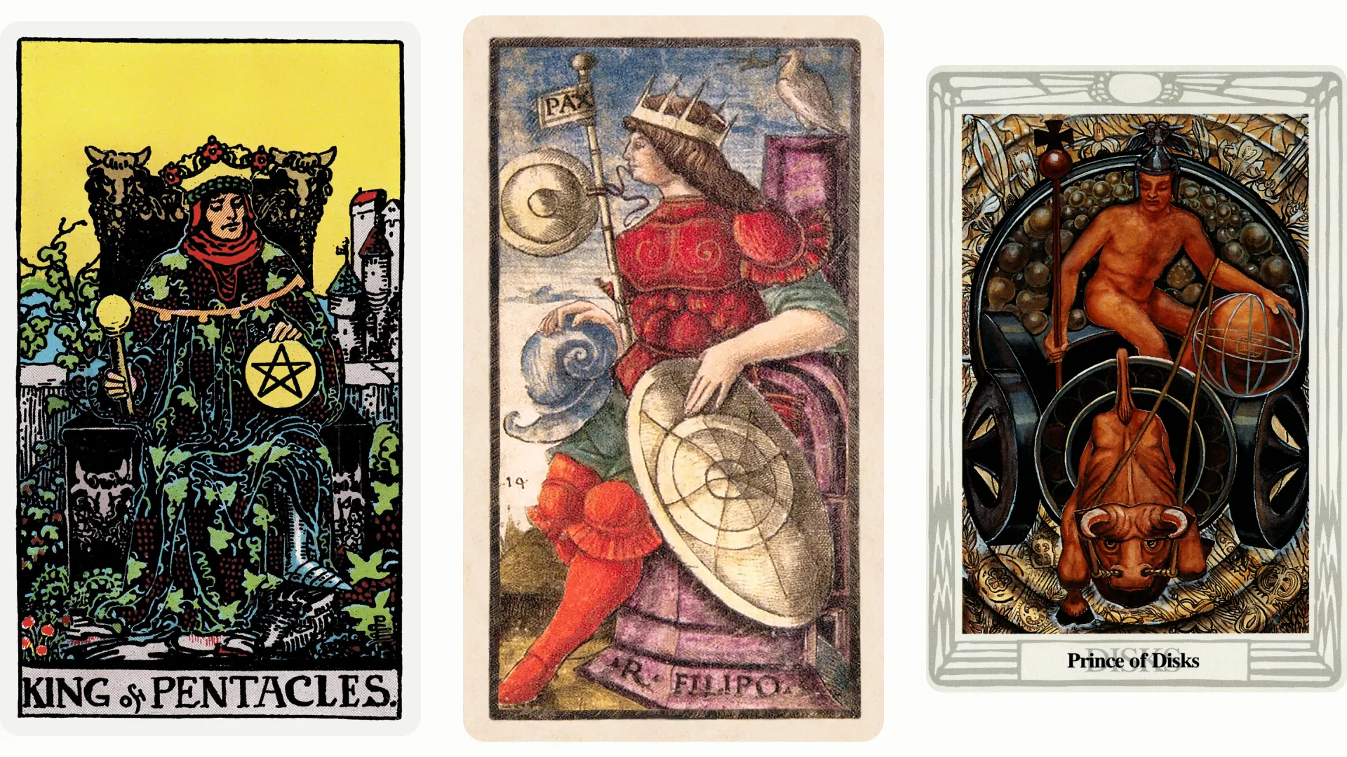 King of Pentacles Tarot Card Variants: Rider Waite Smith, Sola Busca, and Thoth