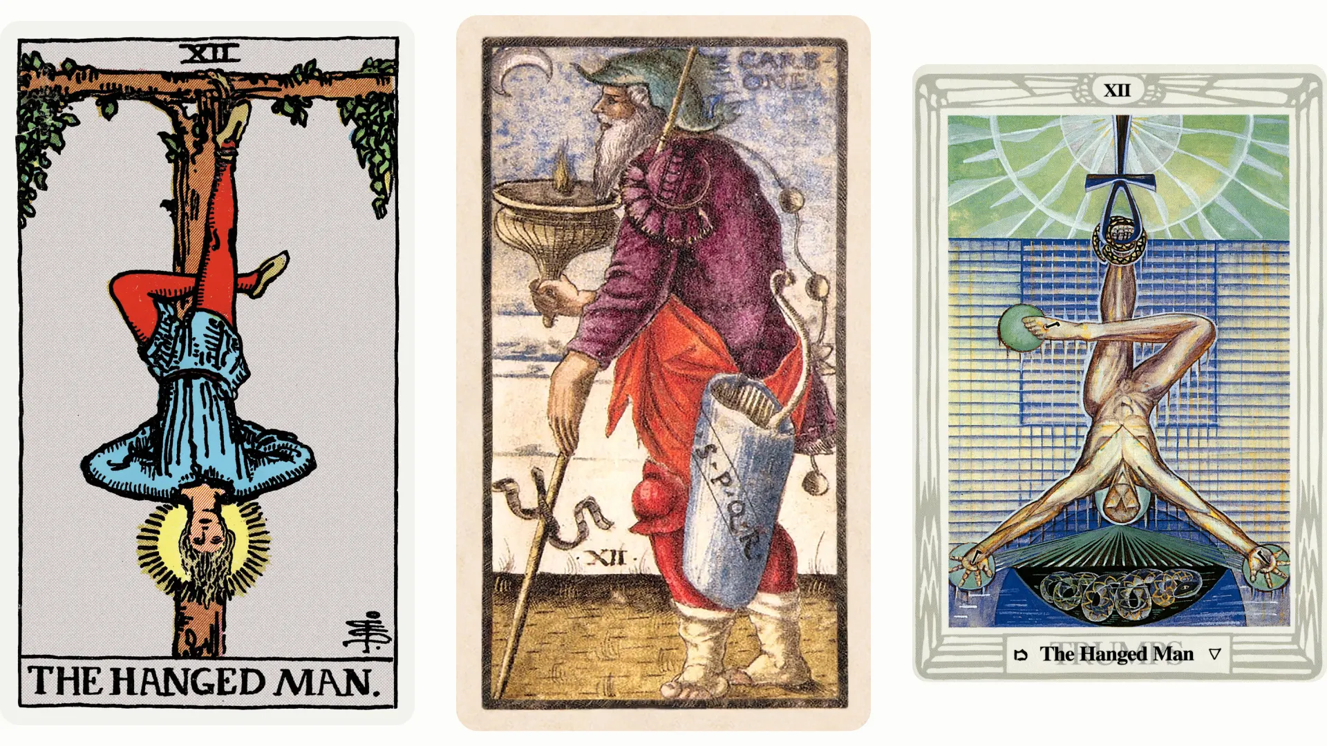 The Hanged Man Tarot Card Variants: Rider Waite Smith, Sola Busca, and Thoth