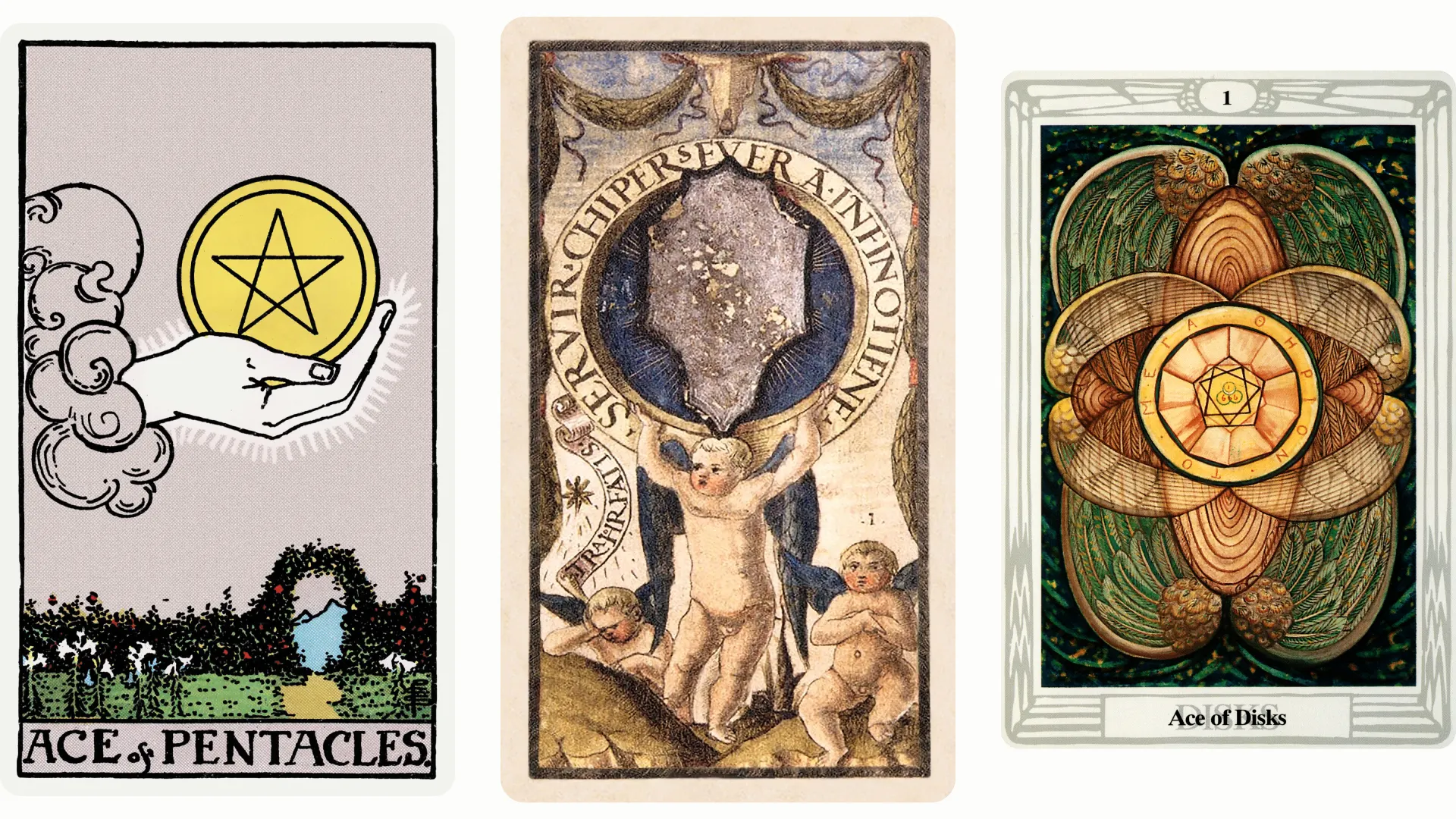 Ace of Pentacles Tarot Card Variants: Rider Waite Smith, Sola Busca, and Thoth