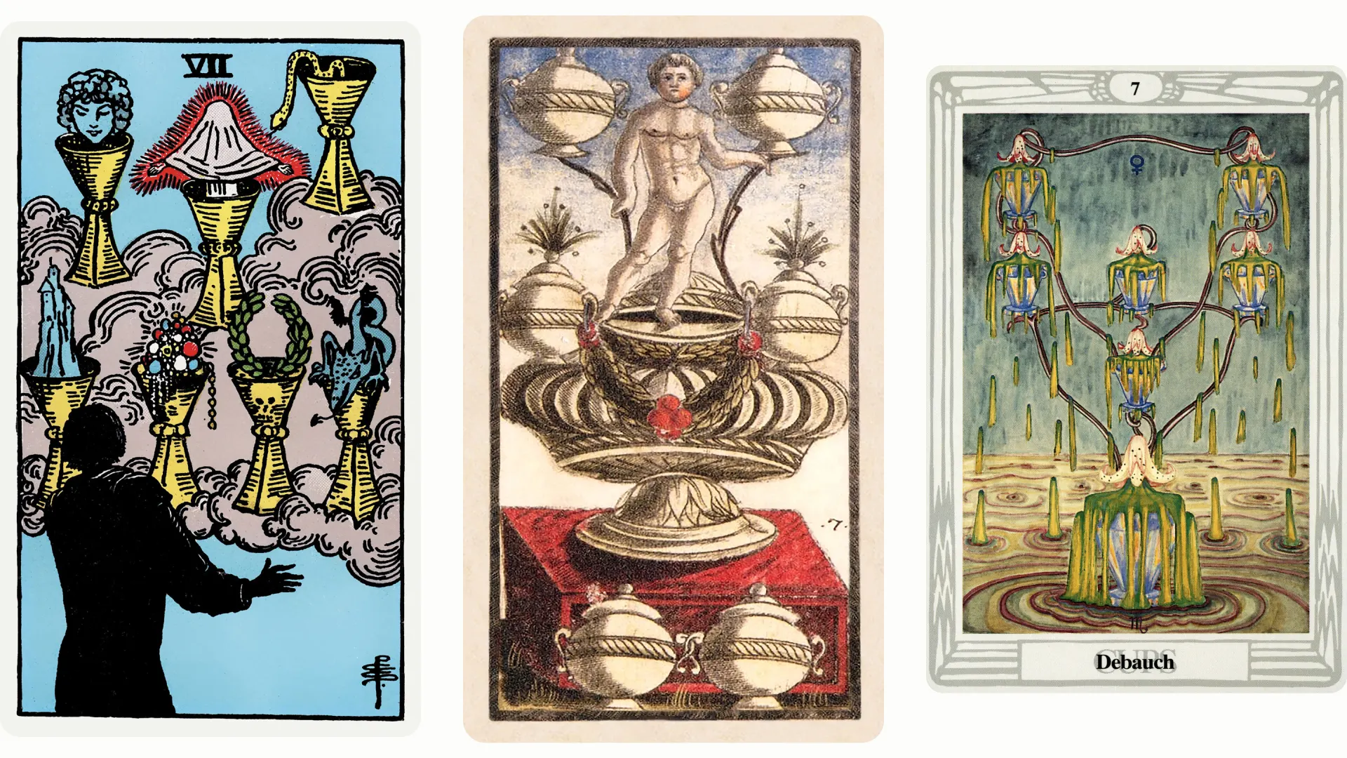 Seven of Cups Tarot Card Variants: Rider Waite Smith, Sola Busca, and Thoth