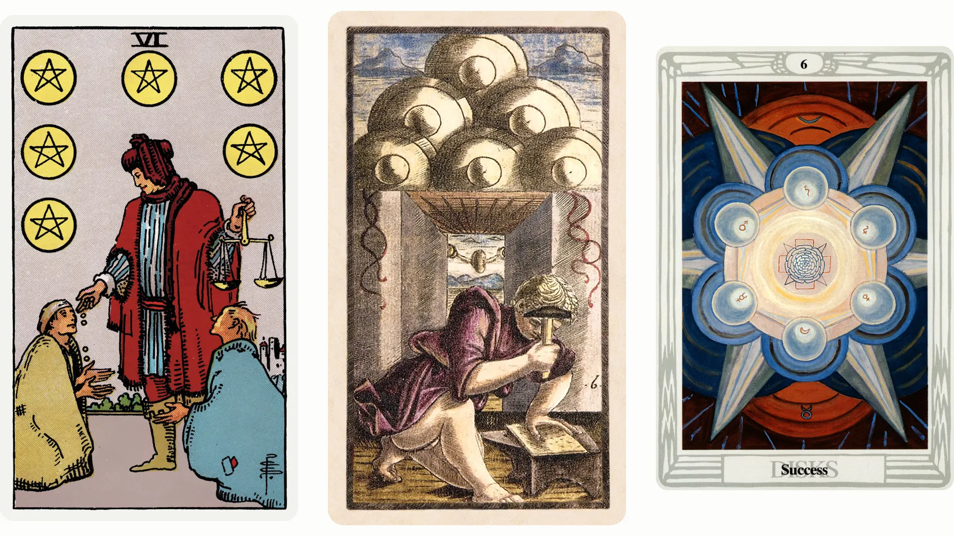 Six of Pentacles Tarot Card Variants: Rider Waite Smith, Sola Busca, and Thoth