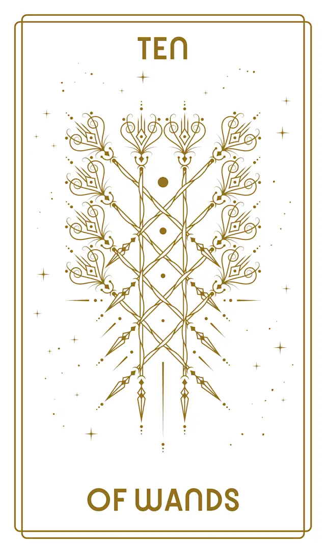 The Ten of Wands tarot card, depicting a figure struggling under the weight of ten heavy wands.
