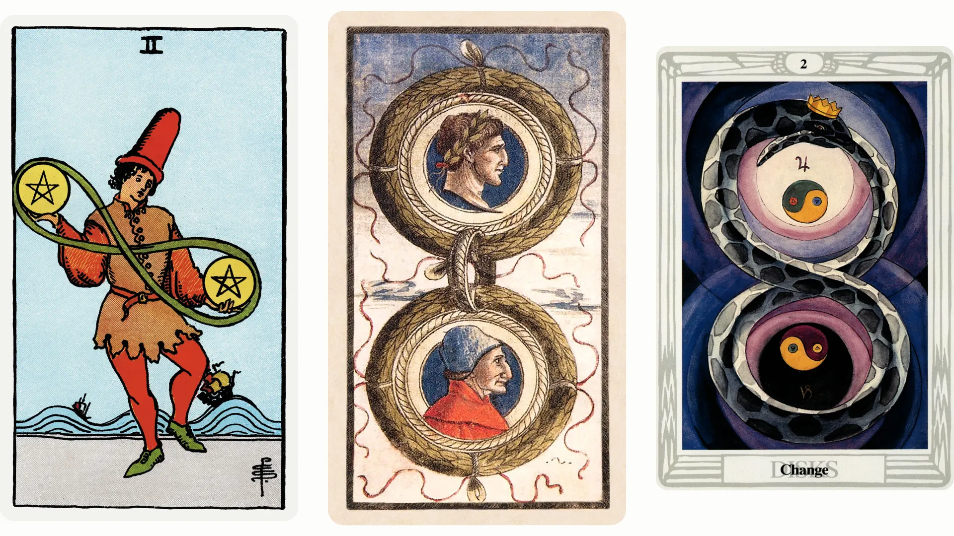 Two of Pentacles Tarot Card Variants: Rider Waite Smith, Sola Busca, and Thoth