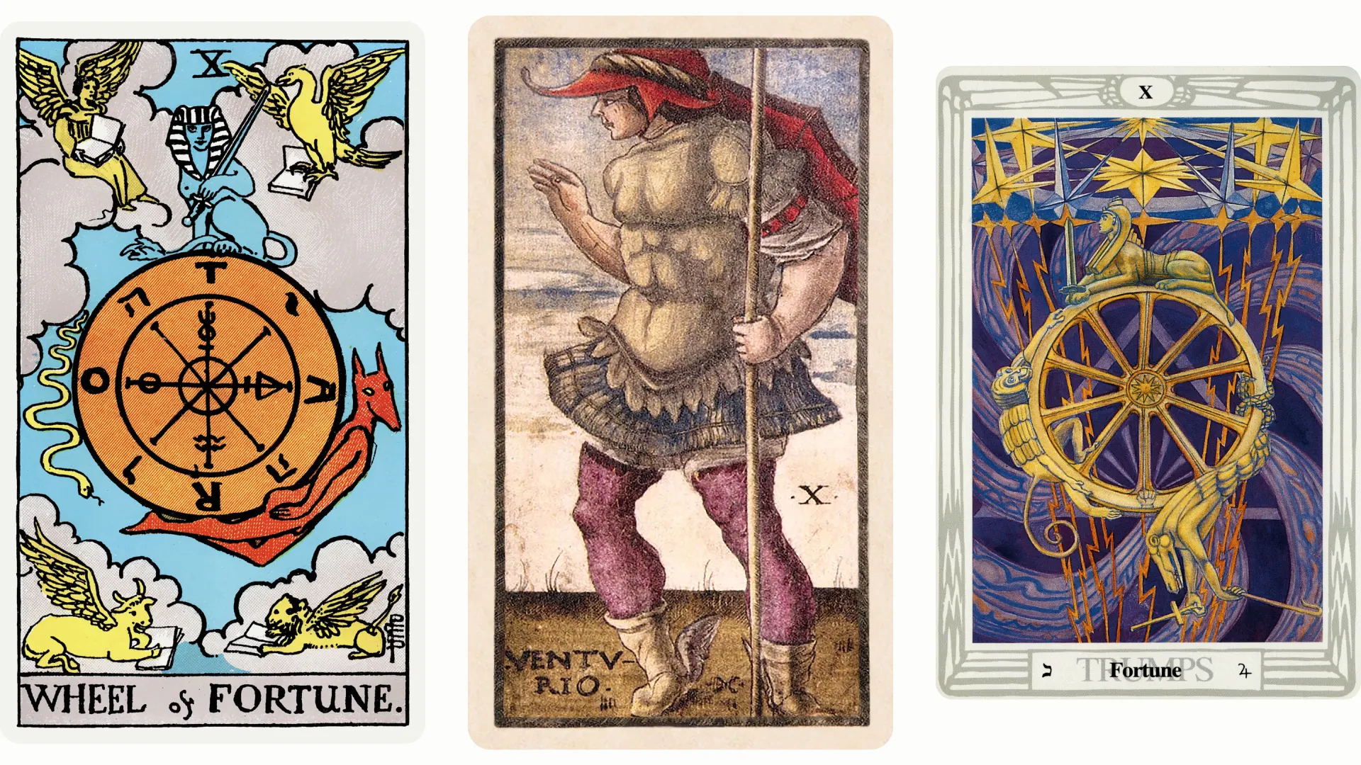 Wheel of Fortune Tarot Card Variants: Rider Waite Smith, Sola Busca, and Thoth