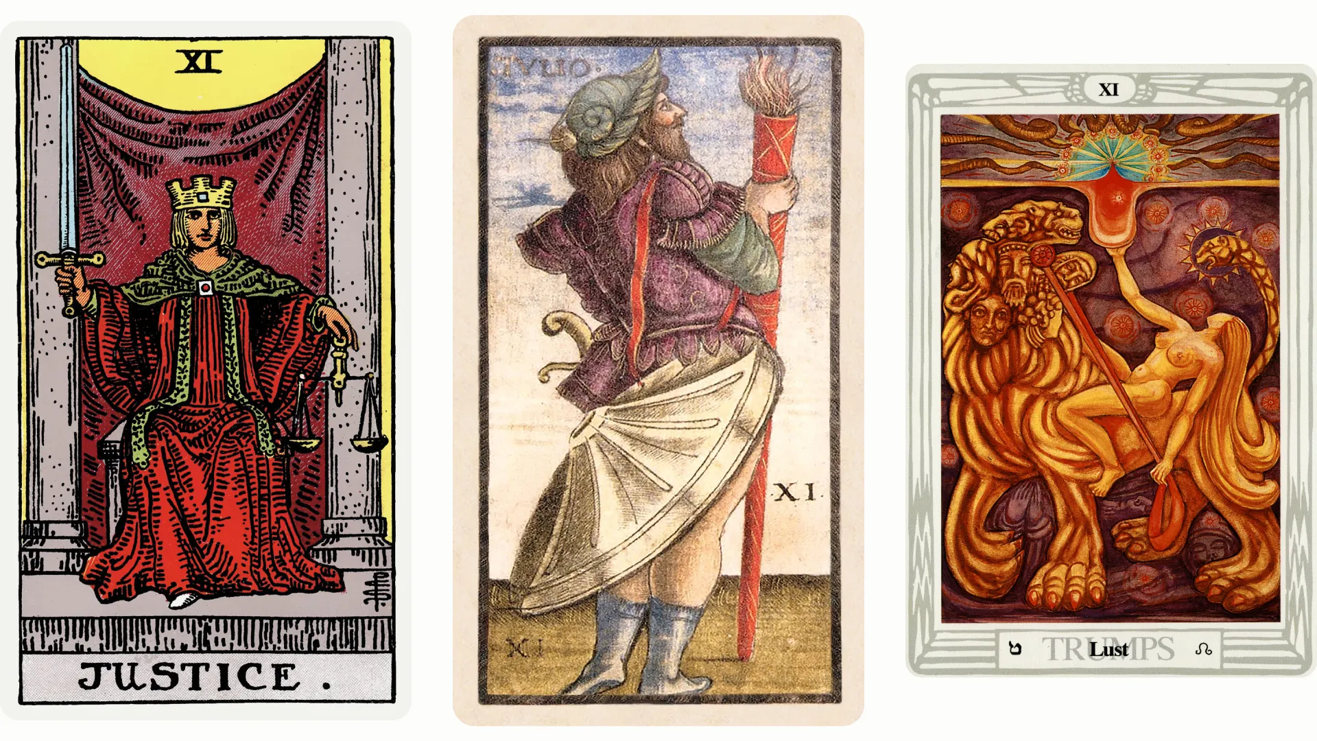 Justice Tarot Card Variants: Rider Waite Smith, Sola Busca, and Thoth