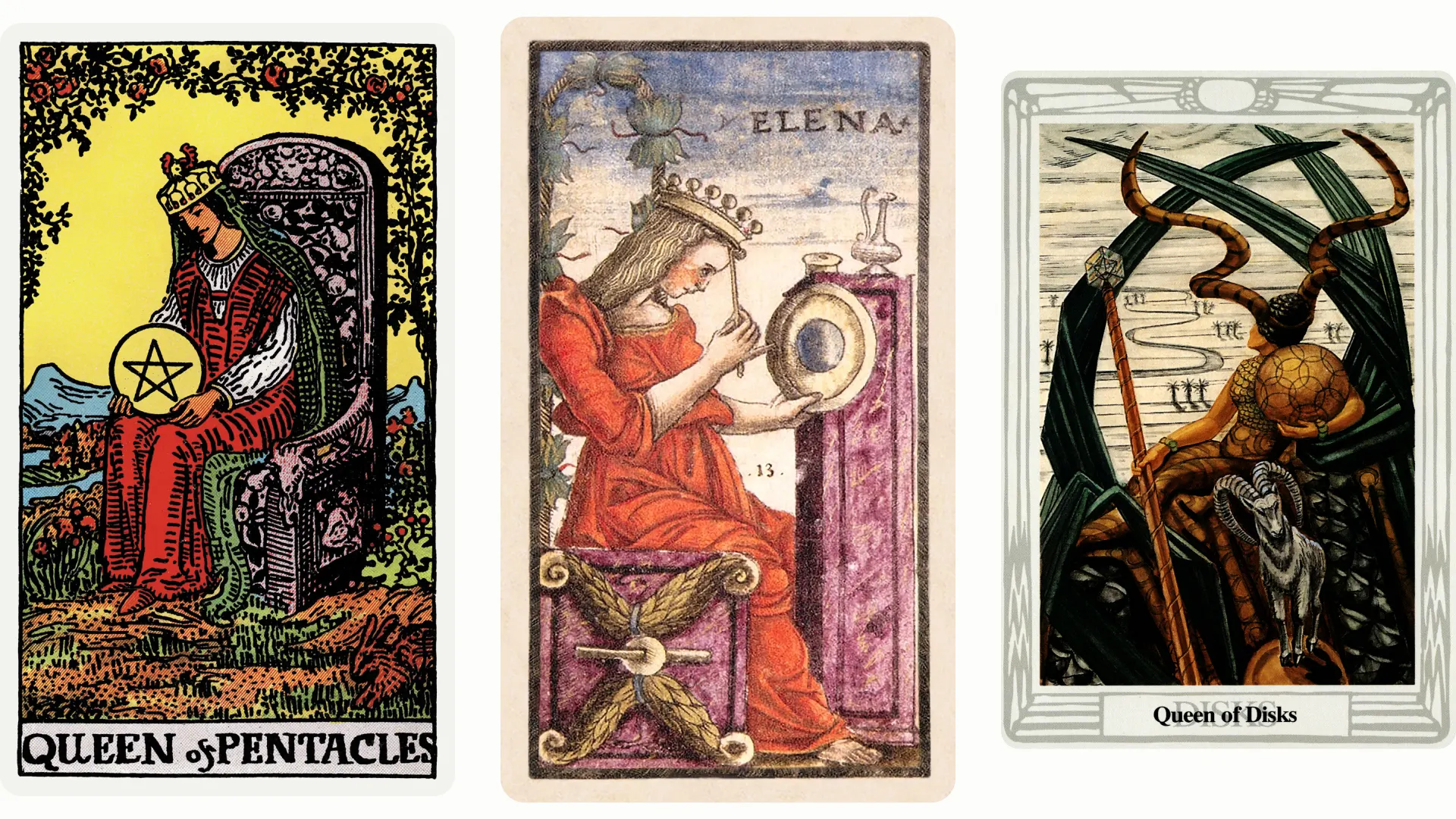 Queen of Pentacles Tarot Card Variants: Rider Waite Smith, Sola Busca, and Thoth