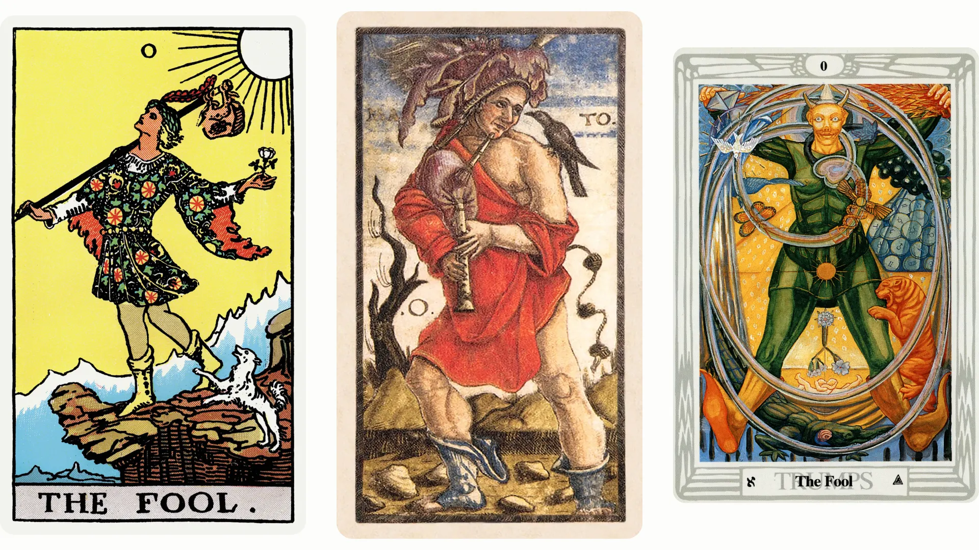 The Fool Tarot Card Variants: Rider Waite Smith, Sola Busca, and Thoth