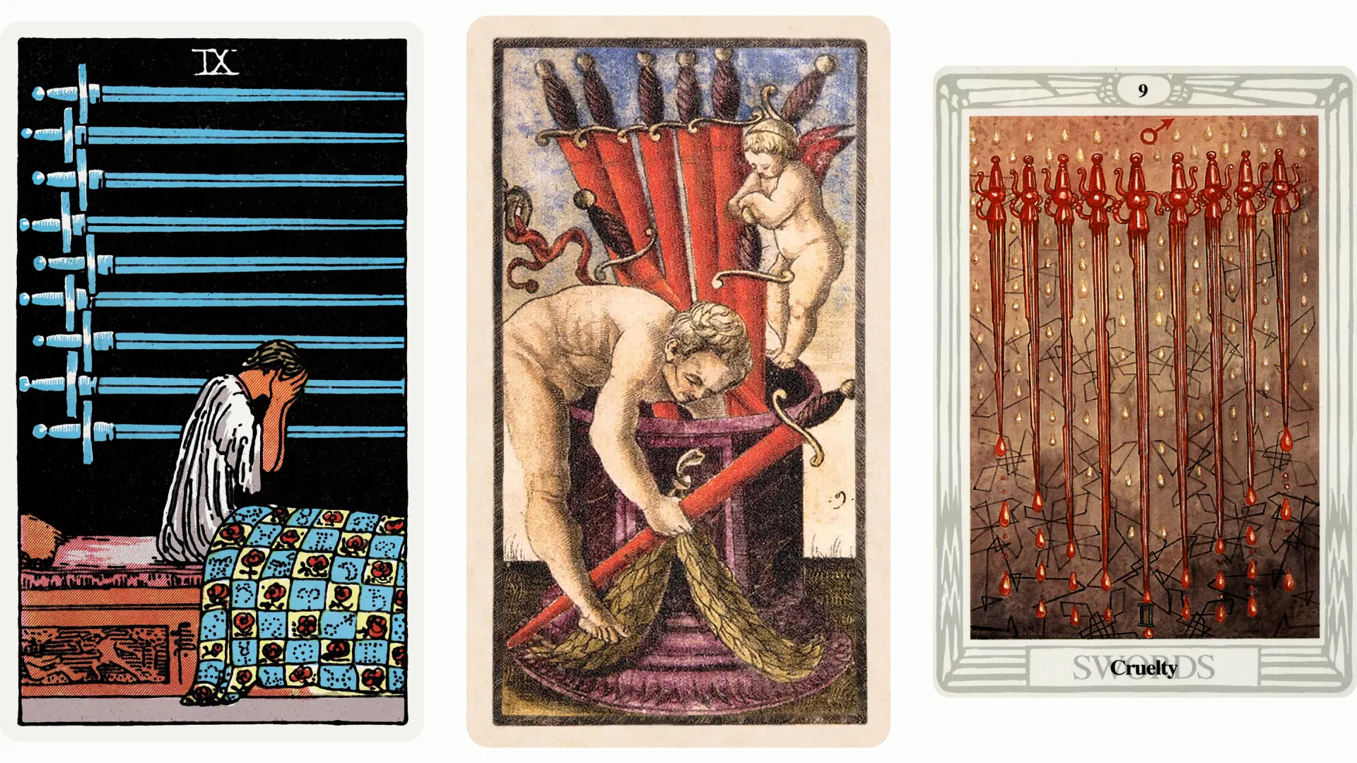 Nine of Swords Tarot Card Variants: Rider Waite Smith, Sola Busca, and Thoth