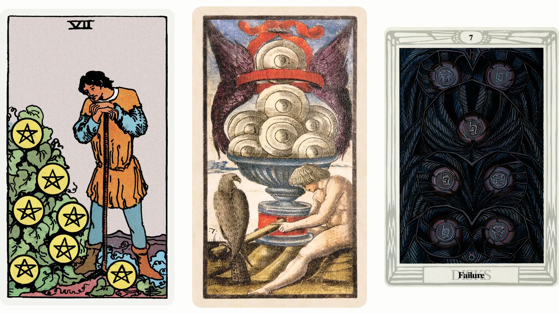 Seven of Pentacles Tarot Card Variants: Rider Waite Smith, Sola Busca, and Thoth