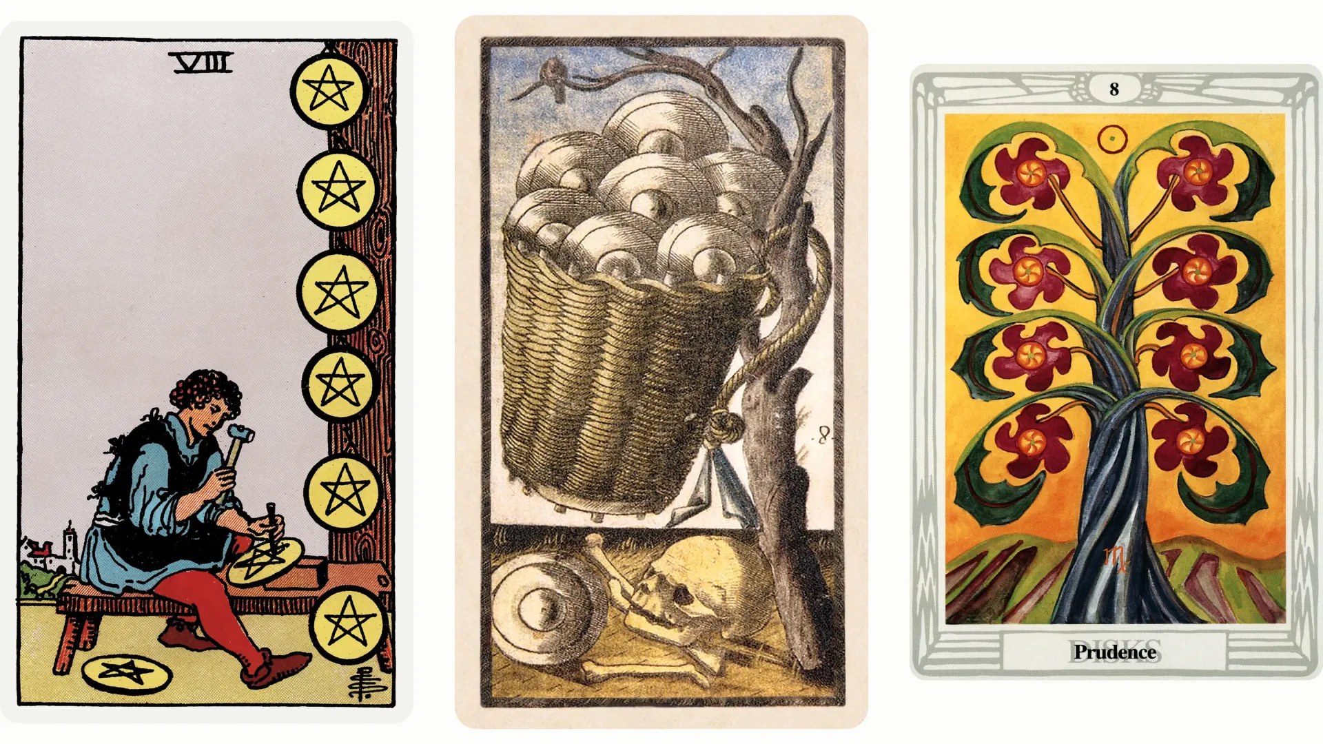 Eight of Pentacles Tarot Card Variants: Rider Waite Smith, Sola Busca, and Thoth