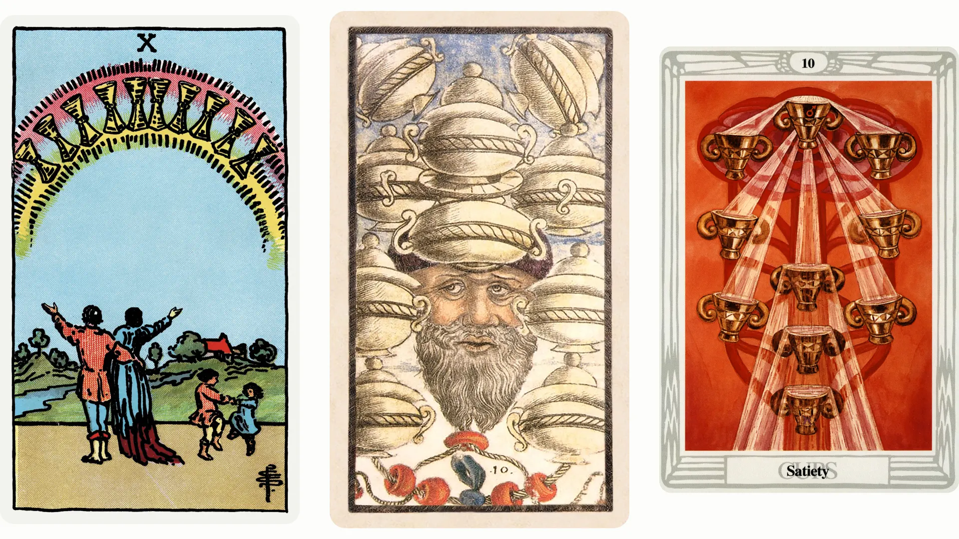 Ten of Cups Tarot Card Variants: Rider Waite Smith, Sola Busca, and Thoth