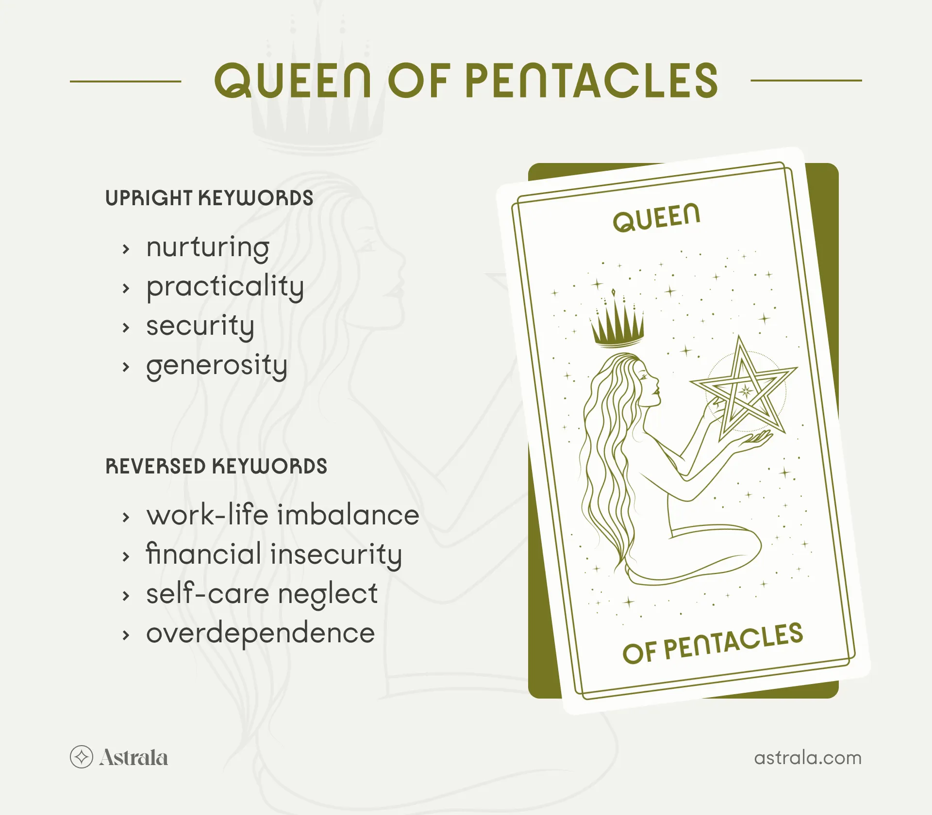 Queen of Pentacles Tarot Card Upright and Reversed Keywords