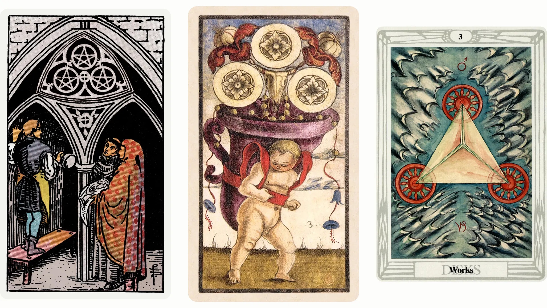 Three of Pentacles Tarot Card Variants: Rider Waite Smith, Sola Busca, and Thoth