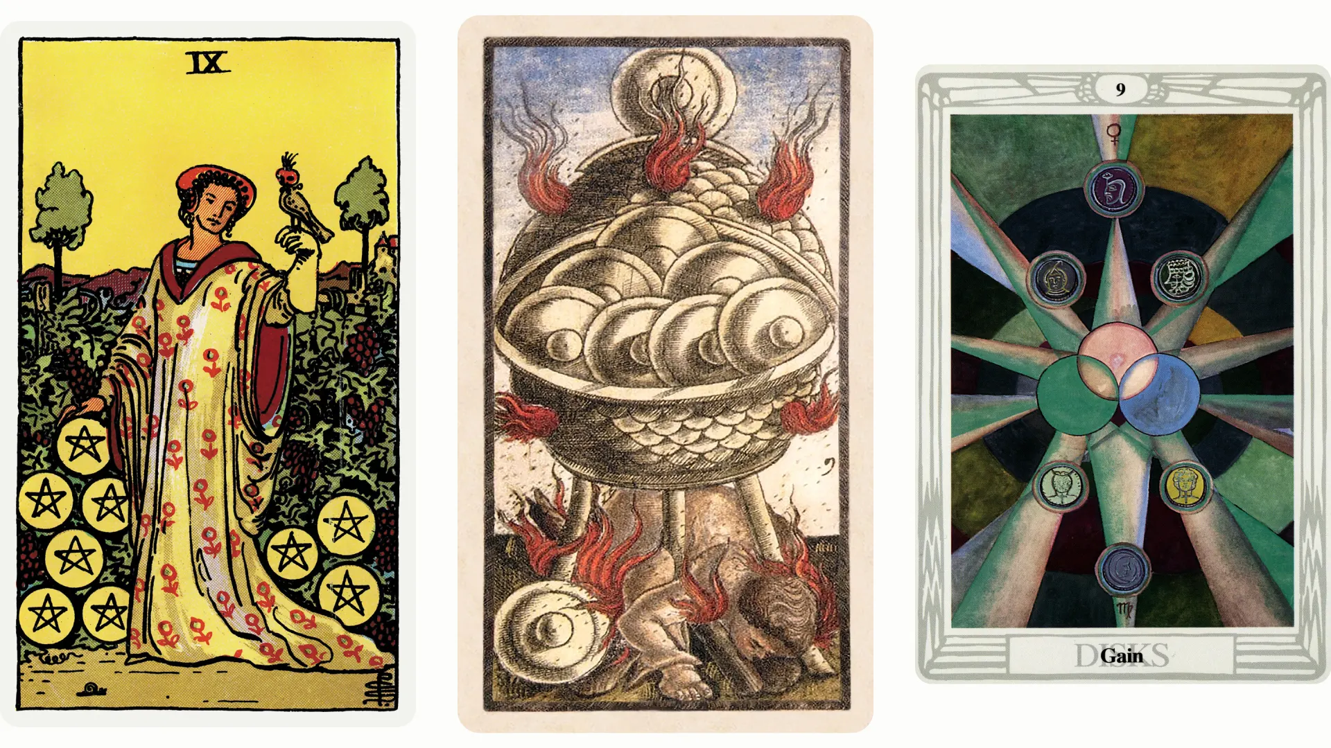 Nine of Pentacles Tarot Card Variants: Rider Waite Smith, Sola Busca, and Thoth