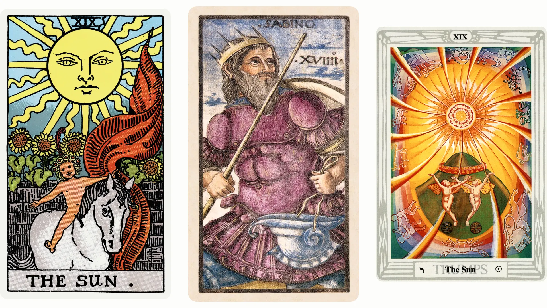 The Sun Tarot Card Variants: Rider Waite Smith, Sola Busca, and Thoth