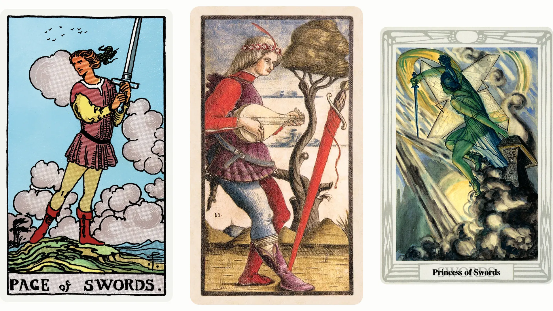 Page of Swords Tarot Card Variants: Rider Waite Smith, Sola Busca, and Thoth