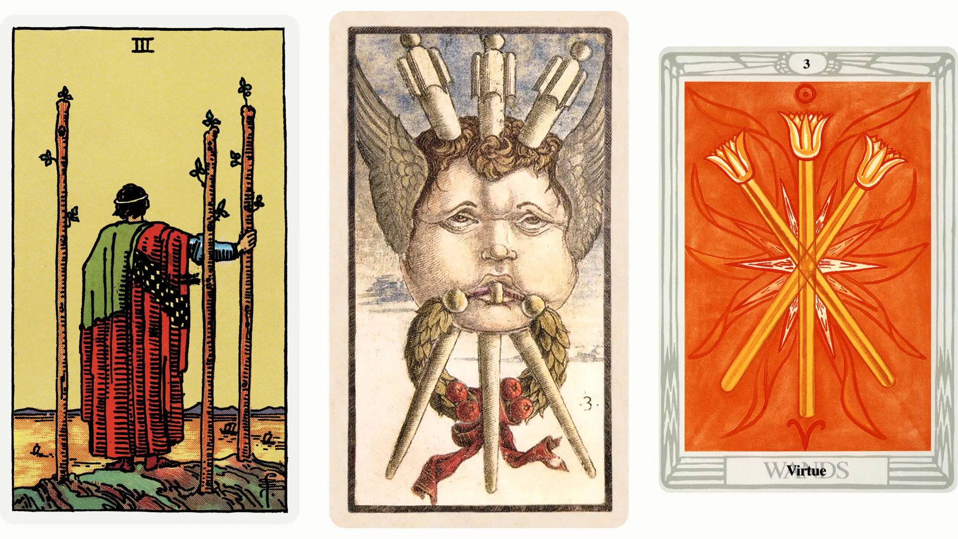 Three of Wands Tarot Card Variants: Rider Waite Smith, Sola Busca, and Thoth