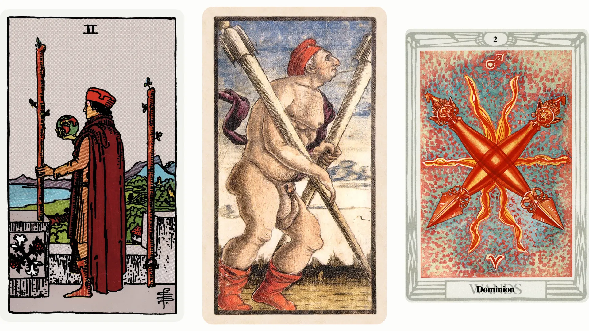 Two of Wands Tarot Card Variants: Rider Waite Smith, Sola Busca, and Thoth