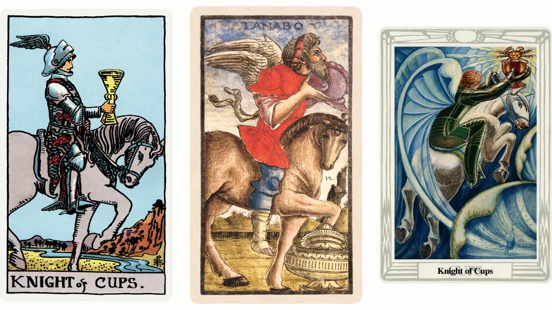 Knight of Cups Tarot Card Variants: Rider Waite Smith, Sola Busca, and Thoth