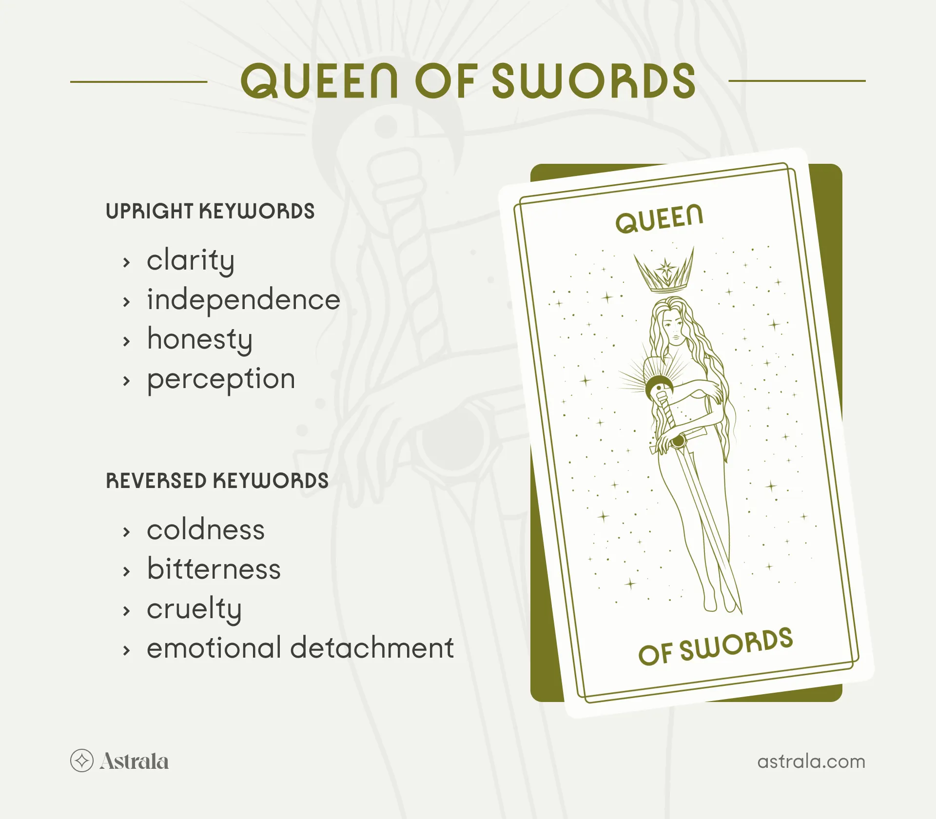 Queen of Swords Tarot Card Upright and Reversed Keywords