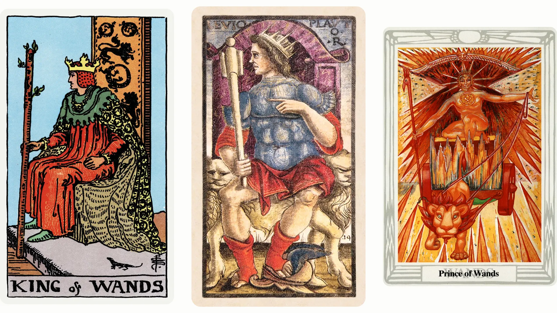 King of Wands Tarot Card Variants: Rider Waite Smith, Sola Busca, and Thoth