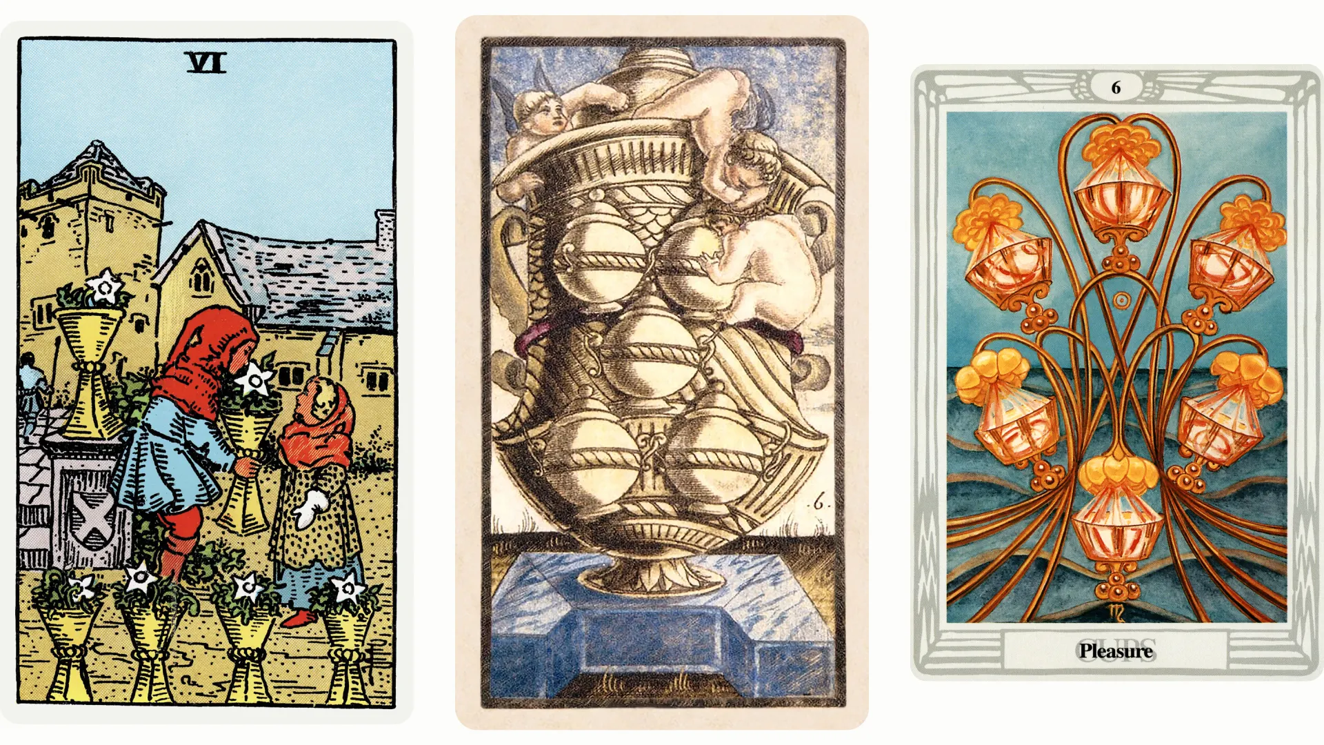 Six of Cups Tarot Card Variants: Rider Waite Smith, Sola Busca, and Thoth